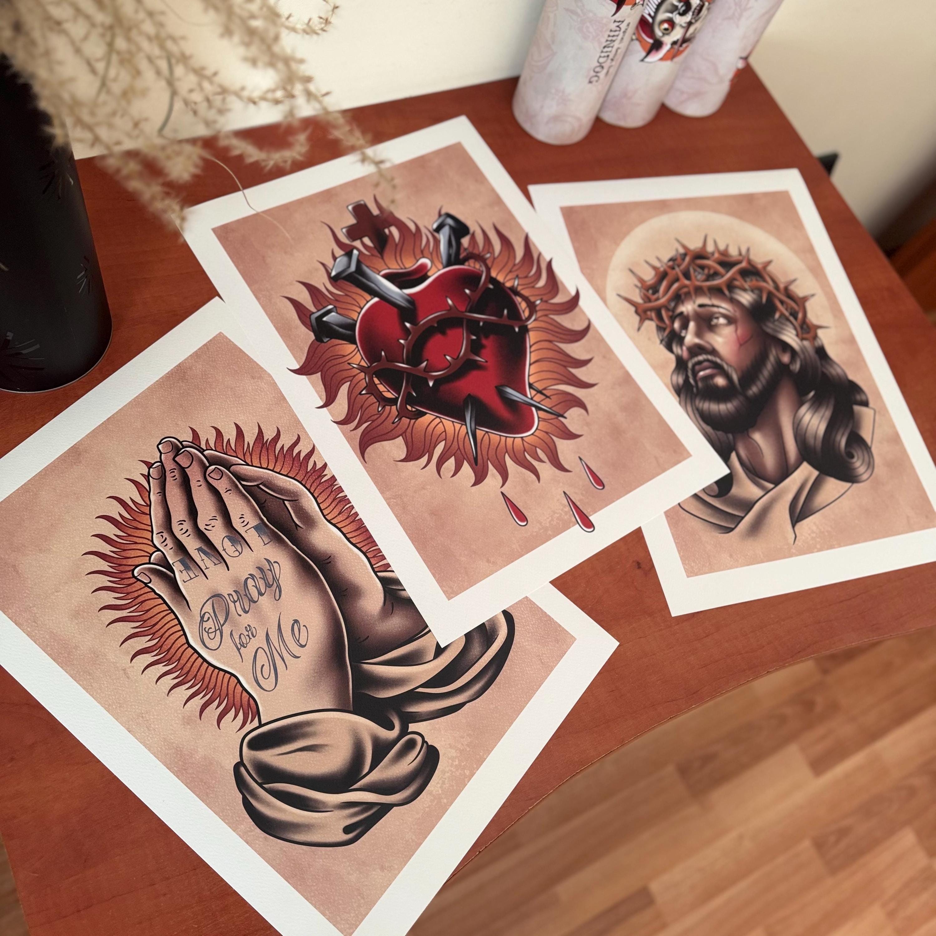 Traditional Tattoo Art Print Set: Jesus, Sacred Heart, Praying Hands - Etsy