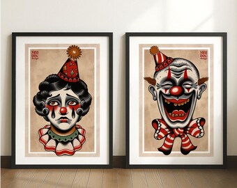 Laugh Now Cry Later Clown Prints Set • Old School Tattoo Art • Sad & Happy Clown Wall Art • Traditional Tattoo Style Posters • Vintage Decor