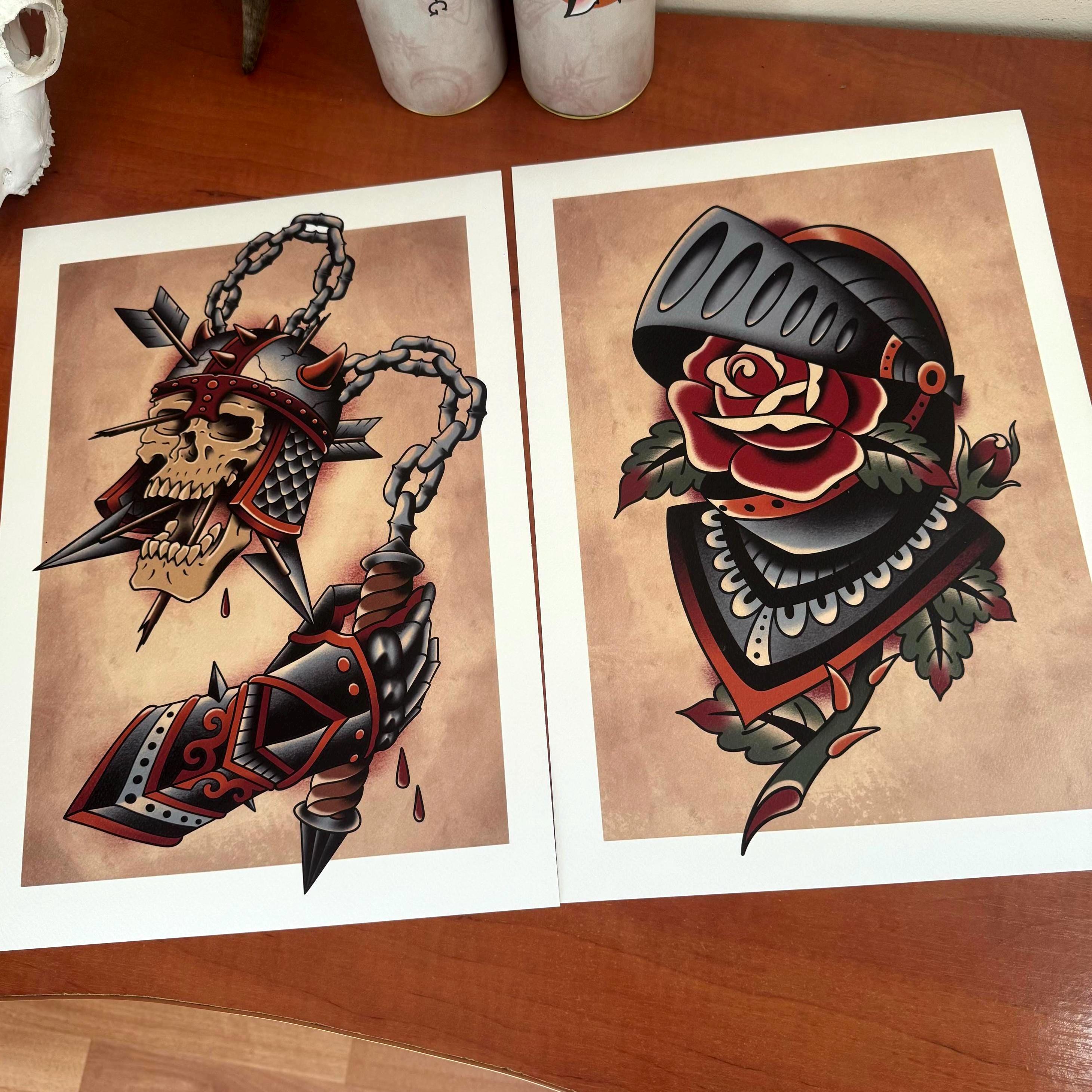 Traditional Tattoo Art Prints - Set of 2 - Knight Skull & Rose Helmet - Mace and Warrior - Medieval Tattoo Flash Wall Art
