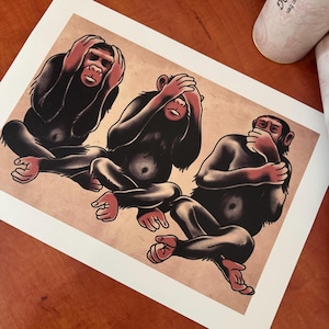 Stampa artistica del tatuaggio delle tre scimmie sagge – Non vedo il male, non sento il male, non parlo del male – Poster flash per tatuaggi tradizionali – Arte del tatuaggio della vecchia scuola