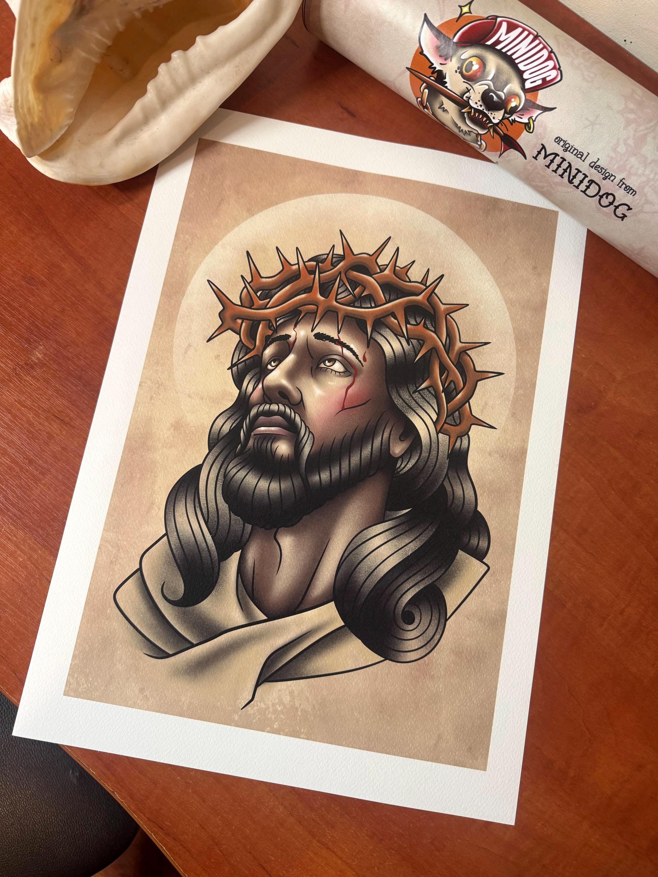 Jesus Christ Tattoo Art Print – Crown of Thorns Religious Poster – Neo  Traditional Tattoo Flash of Christ Portrait Sacred Art Wall Decor - Etsy  Israel, image size:2250x3000