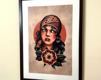 Traditional print Woman with rose