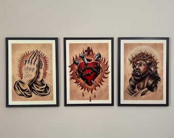 Traditional Tattoo Art Print Set: Jesus, Sacred Heart, Praying Hands