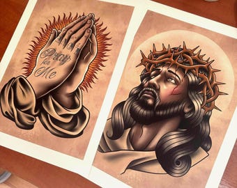 Tattoo Art Prints – Jesus Christ & Praying Hands – Traditional Tattoo Style - Power of Prayer - Traditional Art