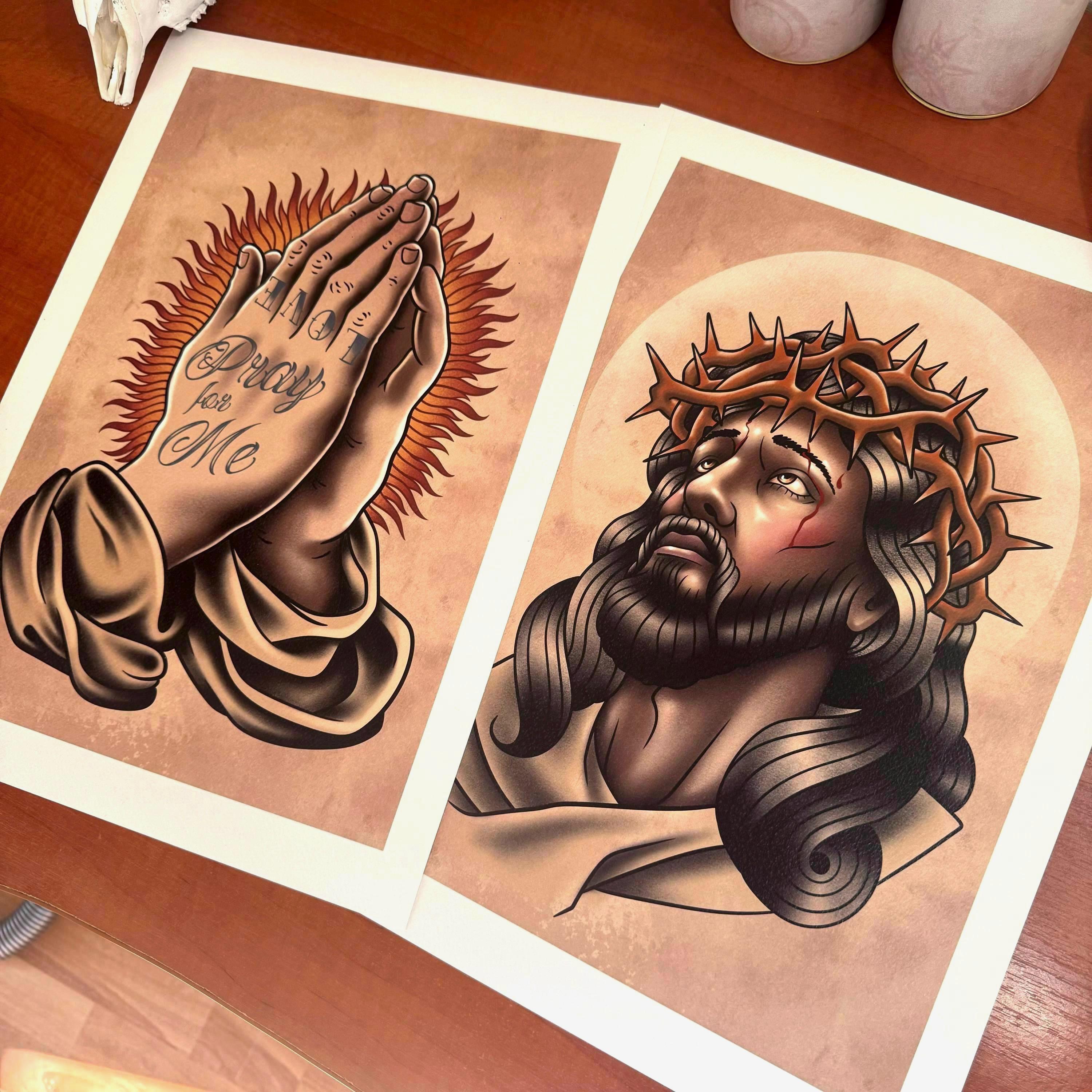 TATTOO FLASH POSTER【 Praying Hands 】 Tattoo Art Prints – Jesus Christ & Praying Hands
