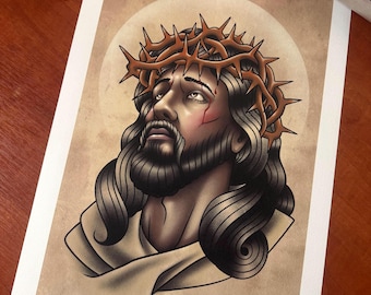 Jesus Christ Tattoo Art Print – Crown of Thorns, Religious Wall Decor