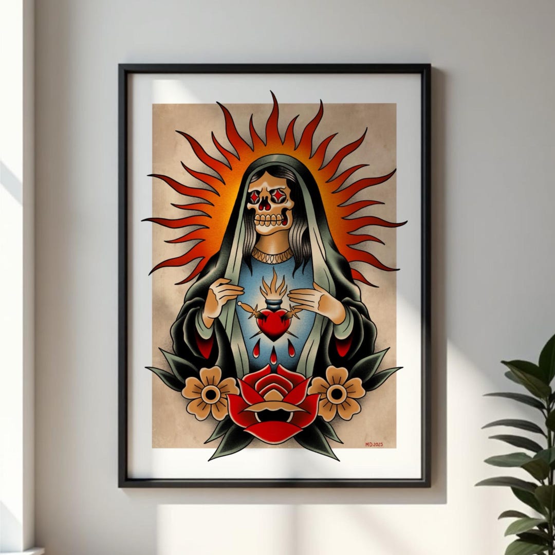 Sacred Heart Skull Tattoo Flash Print – Dark Religious Art - Etsy