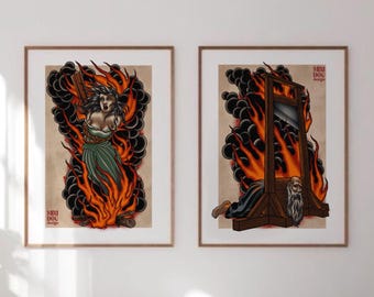Medieval Execution Tattoo Flash Print Set, Traditional Tattoo Wall Art, Burning at the Stake & Guillotine, Gothic Medieval Decor