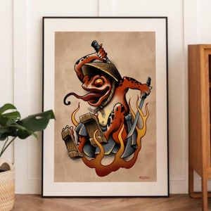 Impresión de tatuaje de rana samurái – Póster de arte de estilo tatuaje tradicional – Rana de fuego con katana – Arte mural de anfibios de la vieja escuela – Tatuaje atrevido
