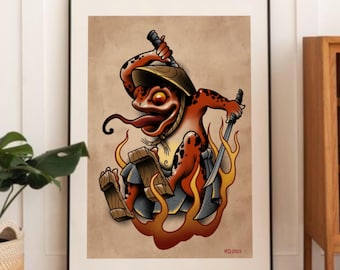 Lámina artística de tatuaje de rana samurái – Guerrero de estilo japonés – Rana roja llameante – Rana y espadas