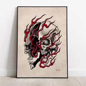 Impresión artística de calavera en llamas / Póster estilo tatuaje oscuro / Decoración de pared gótica / Ilustración de esqueleto en llamas rojas / Regalo único de Halloween