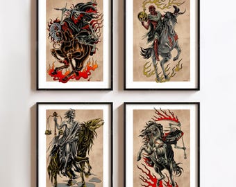 Four Horsemen of the Apocalypse Tattoo Prints Set – Traditional Tattoo Wall Art – Death, War, Famine, Pestilence – Dark Gothic Home Decor