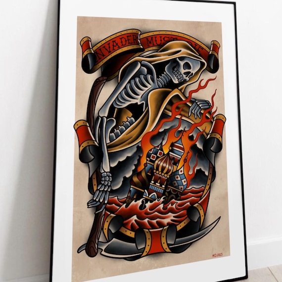 カーリー神 タトゥーフラッシュ アートパネル　ウッドウォールアート tattoo 死神のタトゥープリント：反戦ウクライナ美術 - Etsy 日本