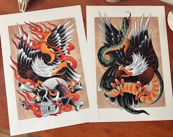 Set of 2 American Eagle Prints – Traditional Tattoo Flash, Old School Art, Eagle Snake Skull, Vintage poster Set