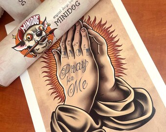 Praying Hands Tattoo Flash Art Print – Religious Old School