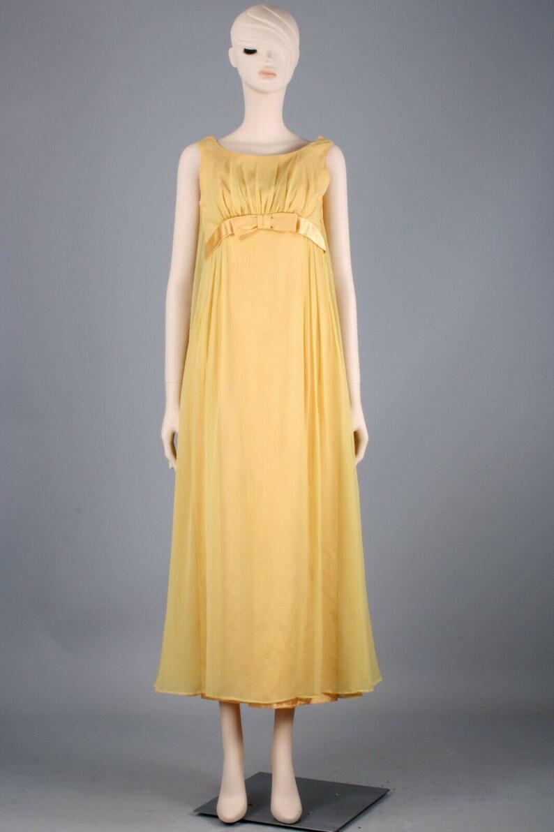 S Vintage 1960s Gold Yellow Chiffon Satin Maxi Airy Cocktail Dress Empire 60s