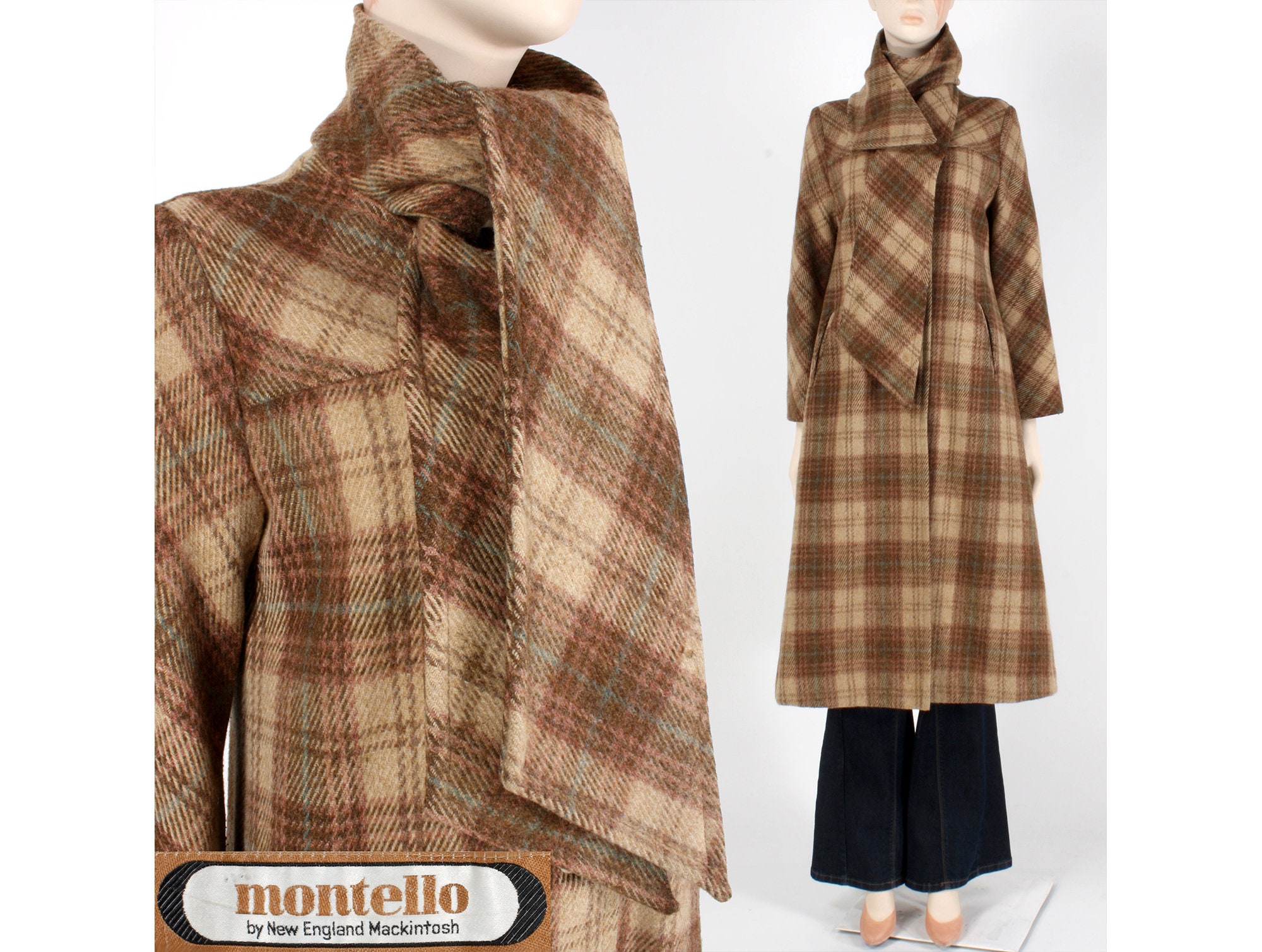 Vintage Scarf Styles -1920s to 1980s Vintage 1970S Montello Mackintosh Brown Plaid Mod Wool Long Maxi Trench Coat 70S $179.95 AT vintagedancer.com