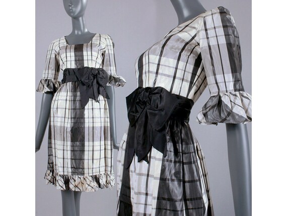 S Vintage 1960s Moire Satin Dress Black/White Plai