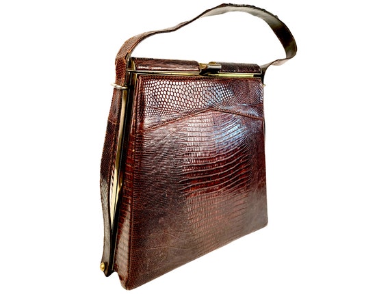Vintage 1950s Brown Lizard Skin Kelly Frame Purse