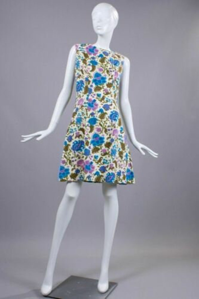 SM Vintage 1960s Martha Moore Floral Psychedelic Mod Mini Dress Sleeveless 60s