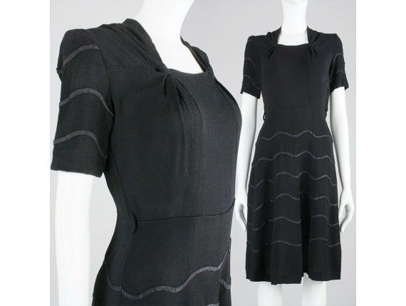 S Vintage 1930s Black Cocktail Dress Short Sleeve