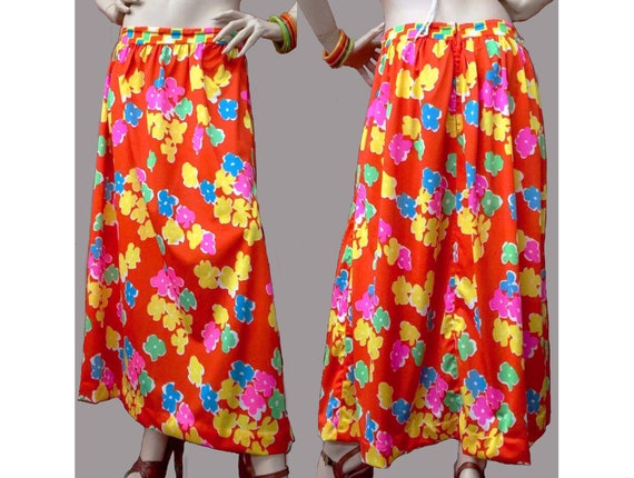 M/L Vintage 1960s Orange Long Maxi Skirt Psychedel