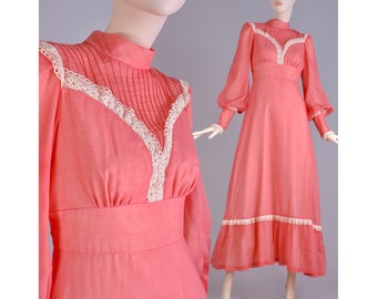 XS Vintage 1970s Mango Pink Boho Prairie Cottagecore Long Sleeve Maxi Dress 70s