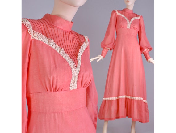 XS Vintage 1970s Mango Pink Boho Prairie Cottagec… - image 1