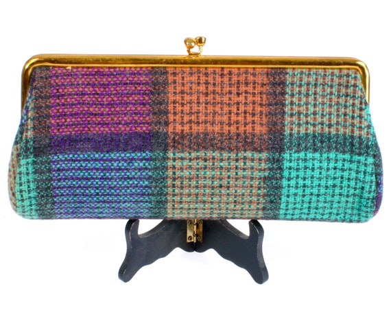 Vintage 1950s Colorful Plaid Wool Knit Clutch Eve… - image 1