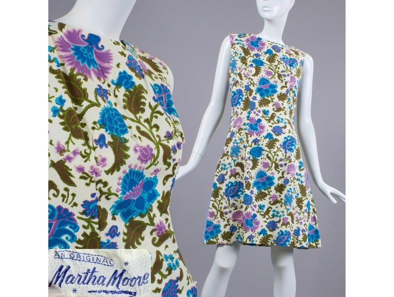 SM Vintage 1960s Martha Moore Floral Psychedelic Mod Mini Dress Sleeveless 60s