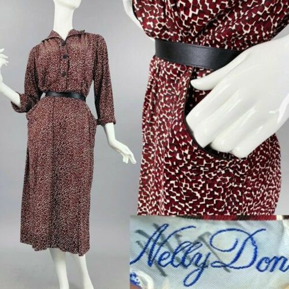 XL Vintage 1940s Nelly Don Burgundy Rayon Novelty