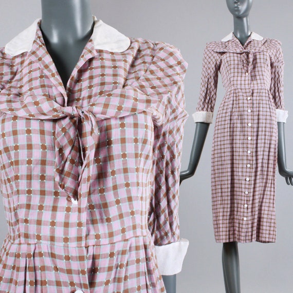 S Vintage 30s Purple Plaid Dress Tissue Cotton Day