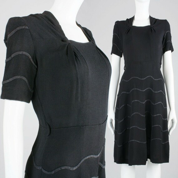 S Vintage 1930s Black Cocktail Dress Short Sleeve