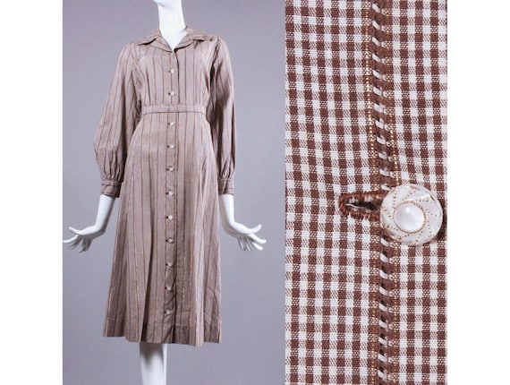 L/XL Vintage 1930s Brown Shirtwaist Dress Plaid Co