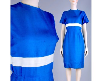 M Vintage 1950s Blue White SILK Simple MCM Mid Century Pencil Dress 50s 60s