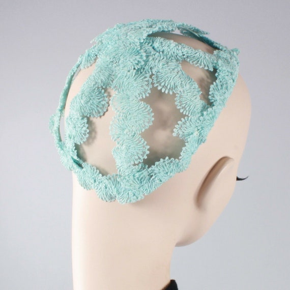 Vintage 1950s Aqua Blue Crochet Lace Cage Skull Ca