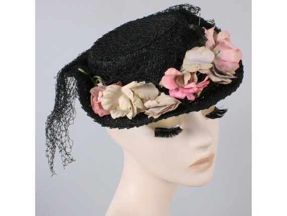 Vintage 1930s Black Wicker Straw Boater Percher Ti