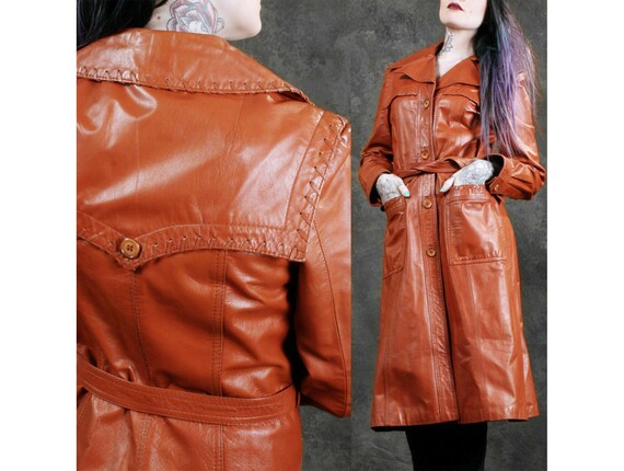 M Vintage 1970s Leather Trench Coat Orange Whipsti