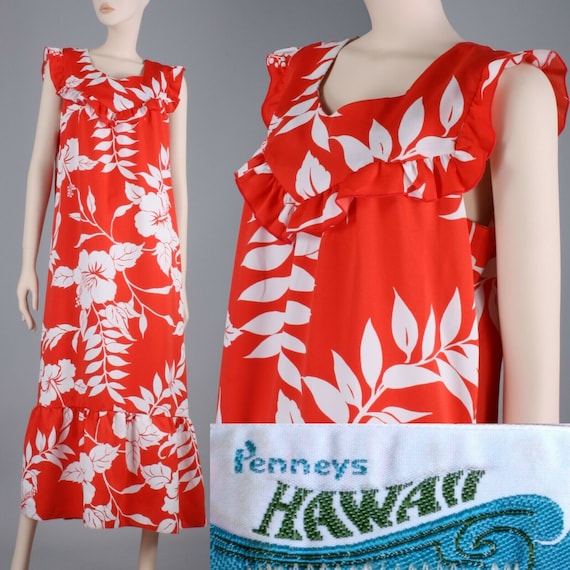 L/XL Vintage 1970s Red White Hawaiian Maxi Dress C