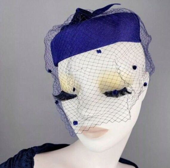 Vintage 1940s Navy Blue Halo Hat Net Whimsy Birdca