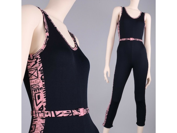 M Vintage 80s Black Pink Geometric Workout Belted