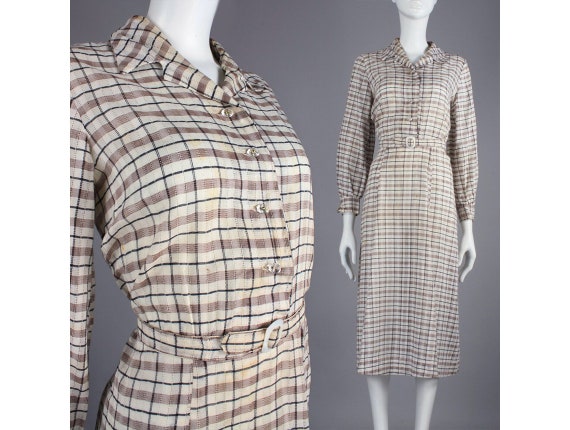 L Vintage 30s Cream Brown Plaid Thin Cotton Long S
