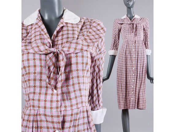 S Vintage 30s Purple Plaid Dress Tissue Cotton Day