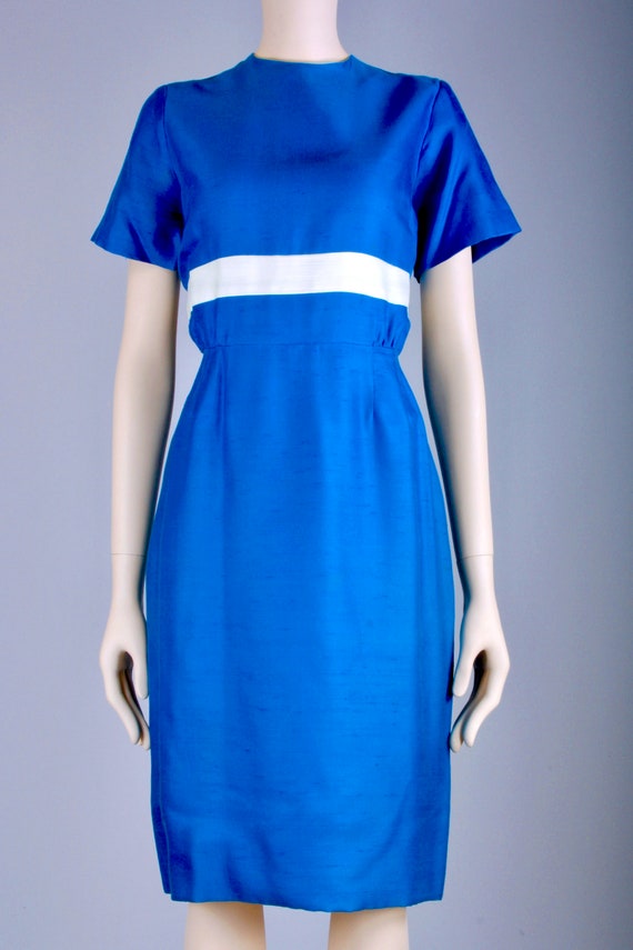 M Vintage 1950s Blue White SILK Simple MCM Mid Ce… - image 3