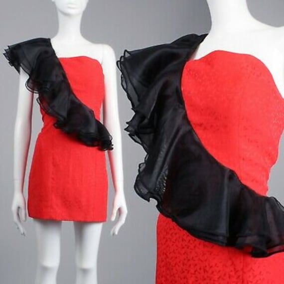 M Vintage 80s Red Black Mini Party Dress One Shoul