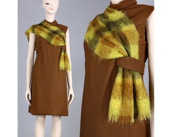 M Vintage 1960s Brown Sleeveless Shift Dress w Mohair Plaid Sash Scarf 60s 50s