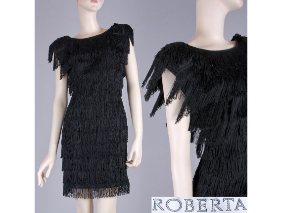M Vintage 70s Black Flapper Gatsby Tiered Fringe P