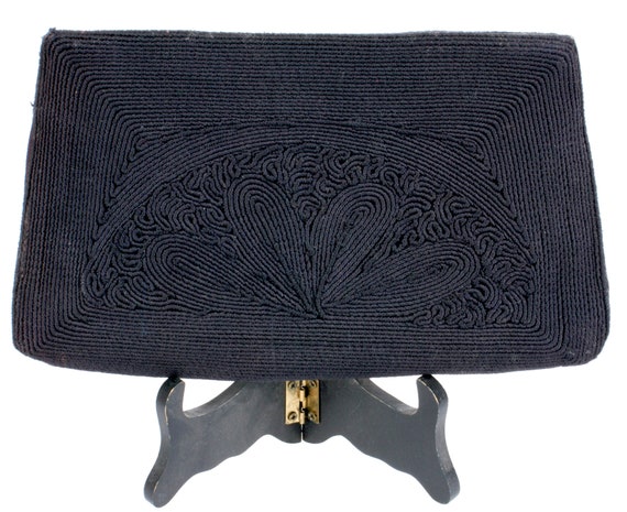 Vintage 1940s Black Rayon Corde Clutch Evening Ba… - image 1