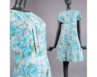 XL Vintage 1950s Blue Floral Day Dress Pintuck Cotton Airy Casual Summer 50s