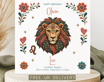 Personalised Leo Birthday Card, Custom Zodiac Gift, Embroidered Look Astrology Card, Boho Folk Art